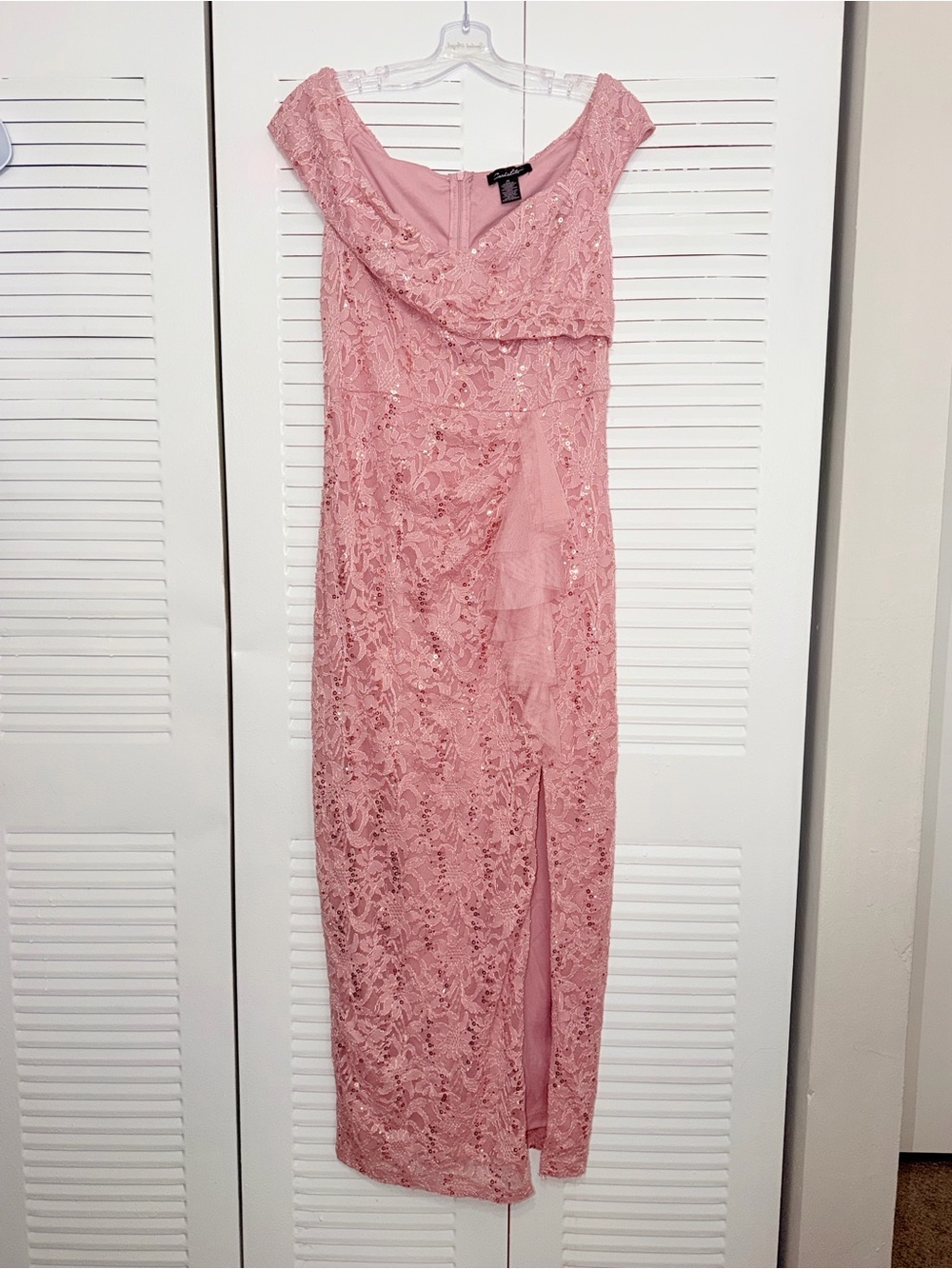 CANDALITE Mauve Lace & Sequin Off-The-Shoulder Gown Wedding Glam Formal Size M